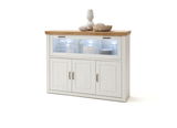 Weißes Highboard mit Holzoberfläche und Glaseinsatz, frontal fotografiert