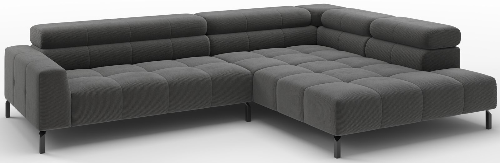 Donkergrijze L-vormige hoekbank met chaise longue rechts, doorgestikte kussens en zwarte metalen poten, gefotografeerd schuin van voren in driekwartperspectief.