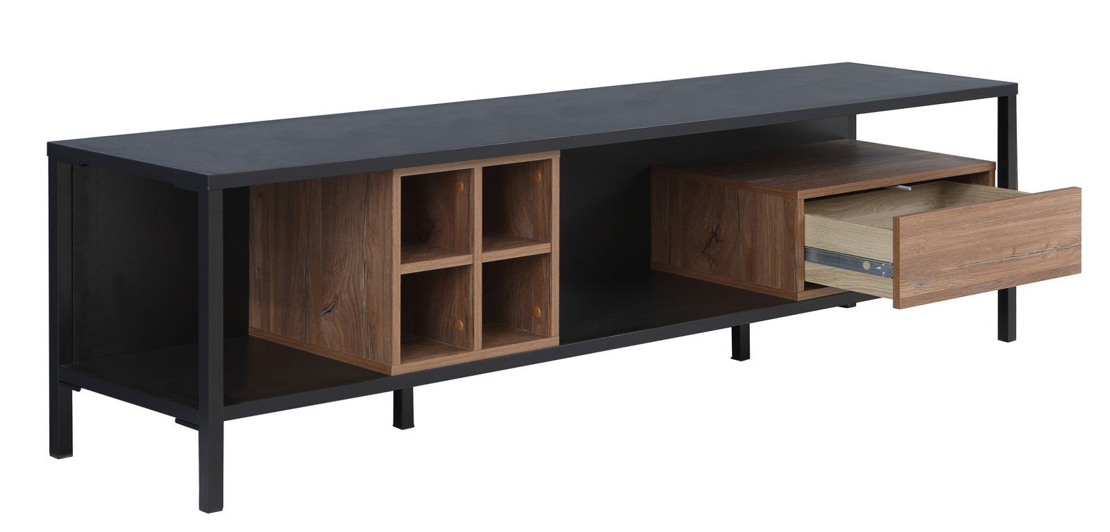 TV-Lowboard aus Holz und Metall mit offenen Fächern und einer Schublade, seitliche Perspektive