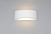 Weiße, halbrunde Wandleuchte mit indirektem Up- und Downlight an grauer Wand, Frontansicht