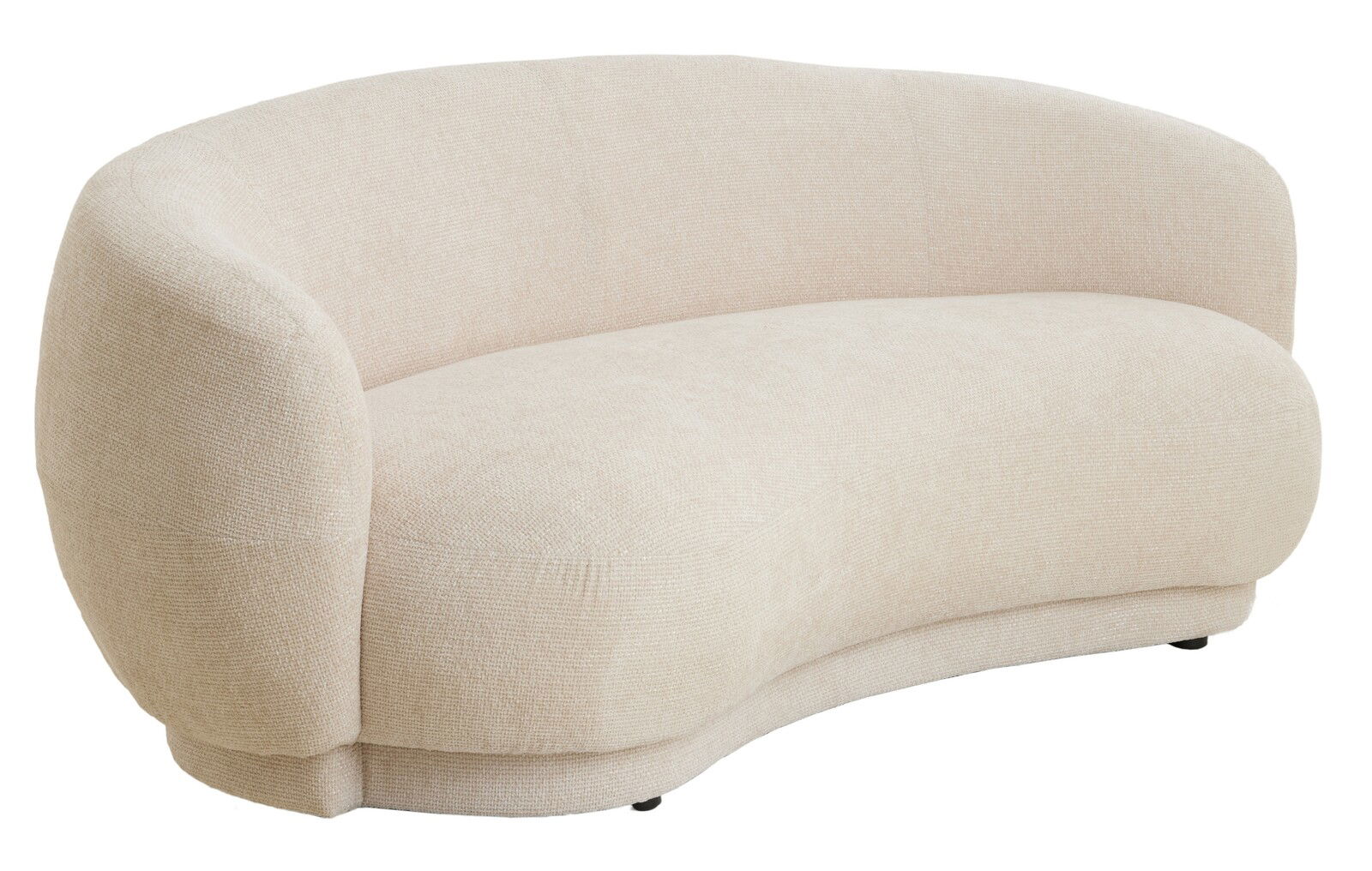 Beige, geschwungene Couch aus Stoff, seitliche Perspektive