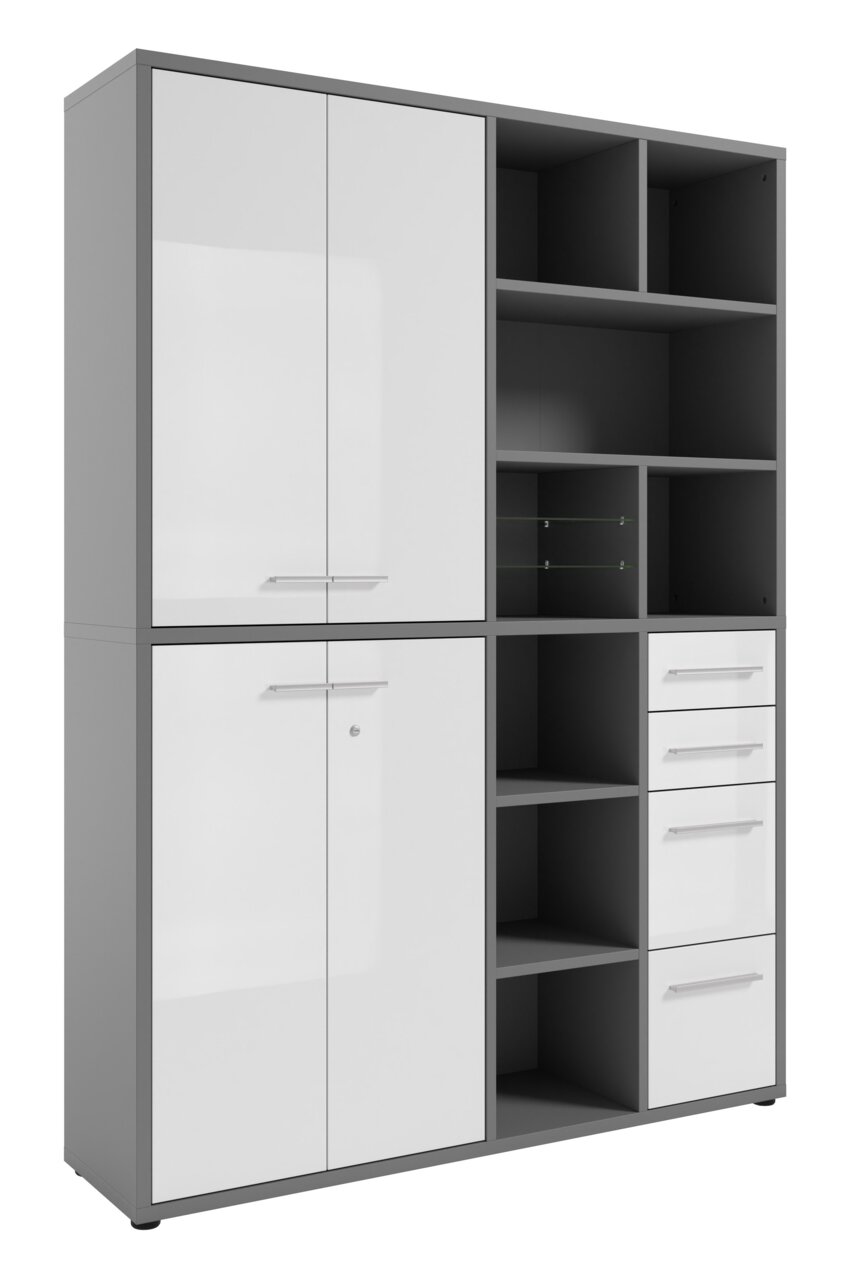 Manjana Home Office Kombination -Glas- TEXAS Hoher Aktenschrank mit weißen Türen und grauem Rahmen, Frontansicht