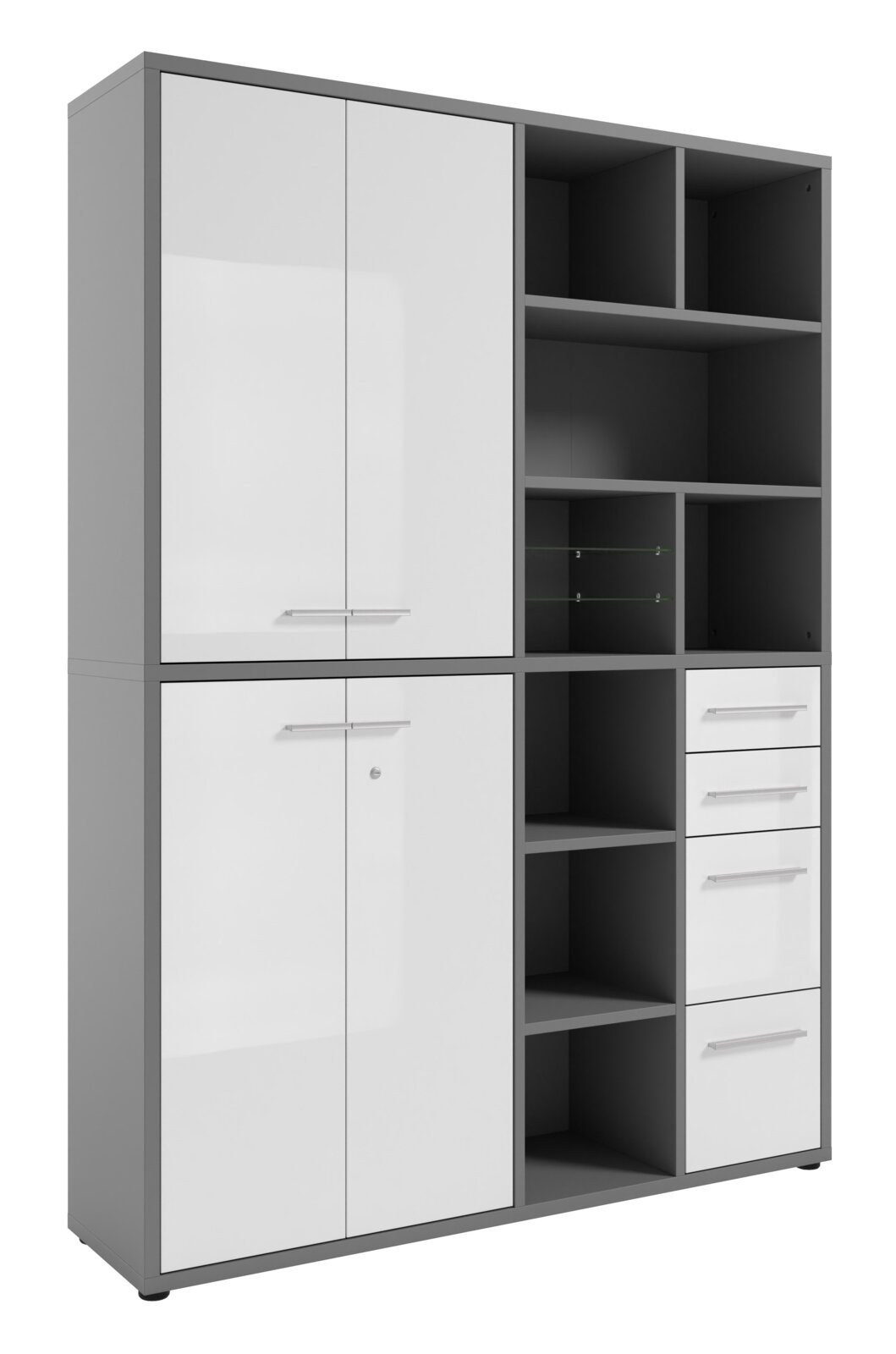Hoge archiefkast met witte deuren en grijs frame, vooraanzicht