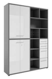 Hoge archiefkast met witte deuren en grijs frame, vooraanzicht