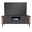 Modernes Lowboard in dunklem Design mit Holzdetails, frontal abgebildet, mit Fernseher und Dekoration.