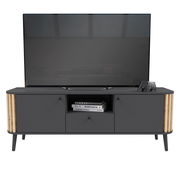 Modernes Lowboard in dunklem Design mit Holzdetails, frontal abgebildet, mit Fernseher und Dekoration.