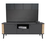 Modernes Lowboard in dunklem Design mit Holzdetails, frontal abgebildet, mit Fernseher und Dekoration.