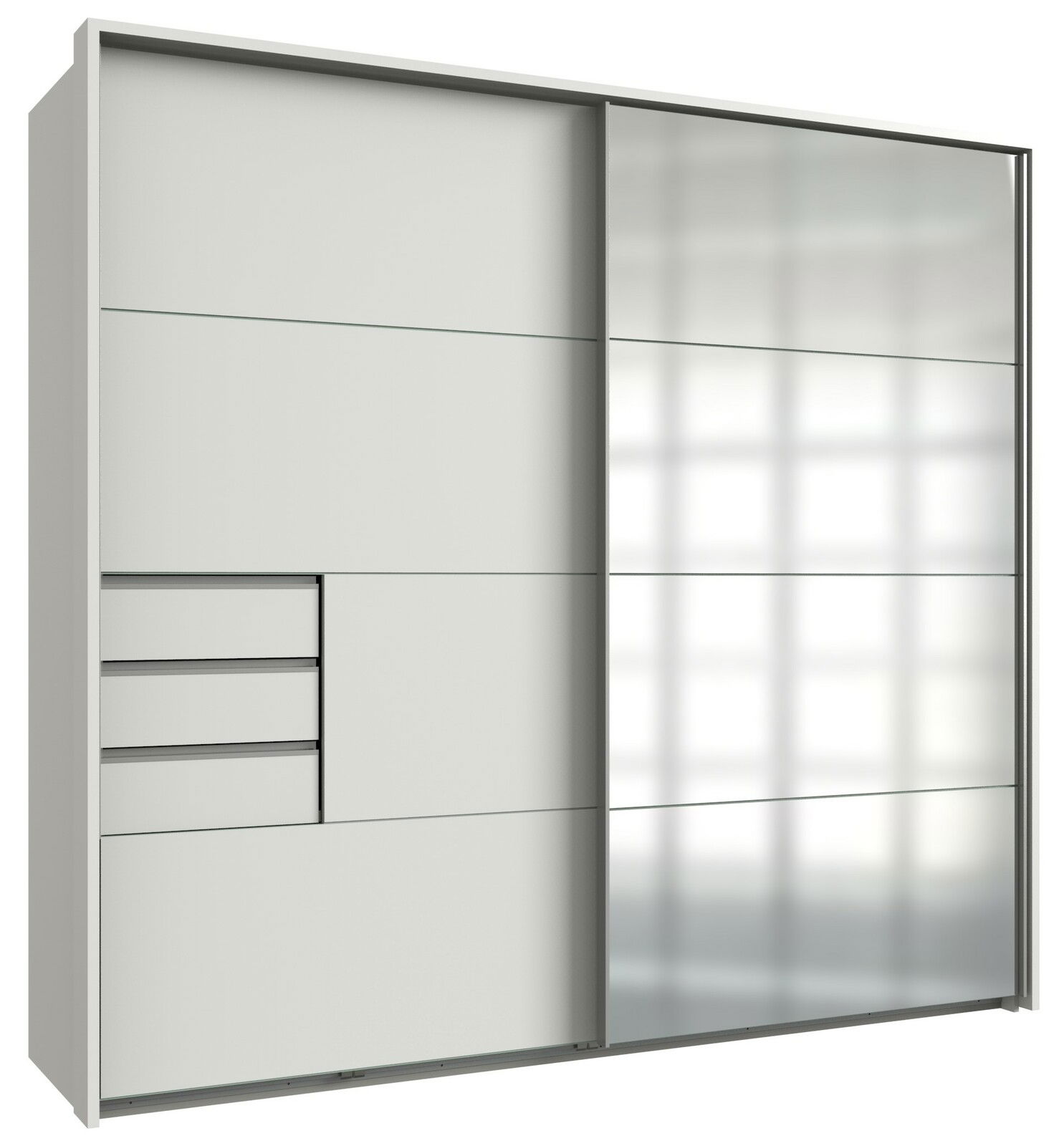 Z2 Schwebetürenschrank/Passp.2trg SAIGON Moderner Schwebetürenschrank mit zwei Türen, linke Seite mit Schubladen und Fächern, rechte Seite mit Spiegeltür, Perspektive von vorne.