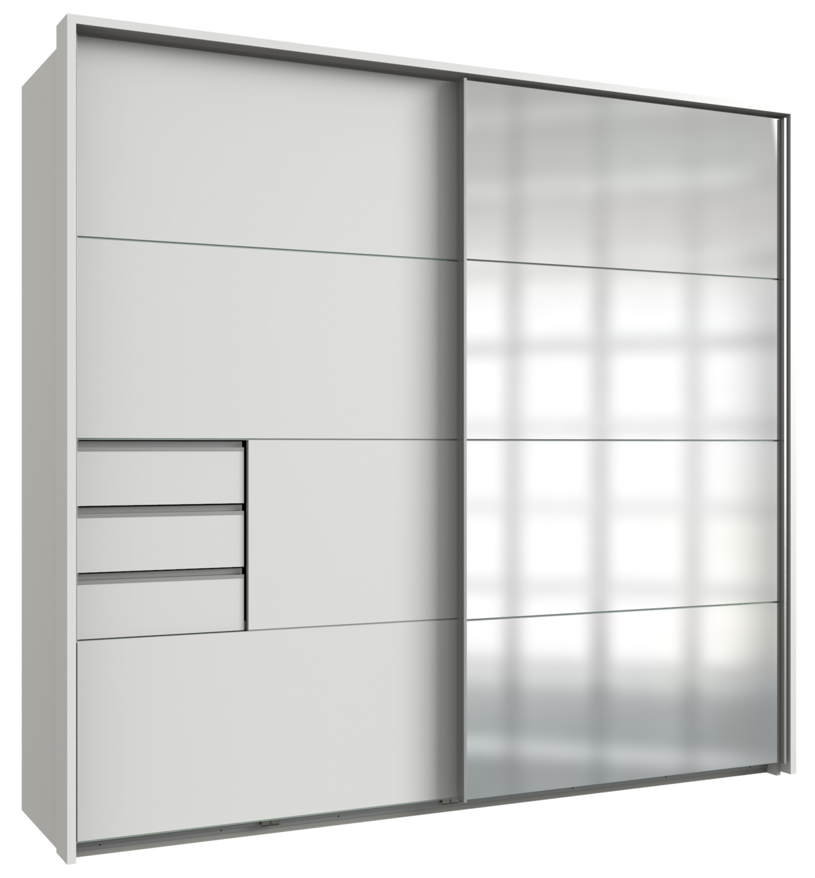 Z2 Schwebetürenschrank/Passp.2trg SAIGON Moderner Schwebetürenschrank mit zwei Türen, linke Seite mit Schubladen und Fächern, rechte Seite mit Spiegeltür, Perspektive von vorne.