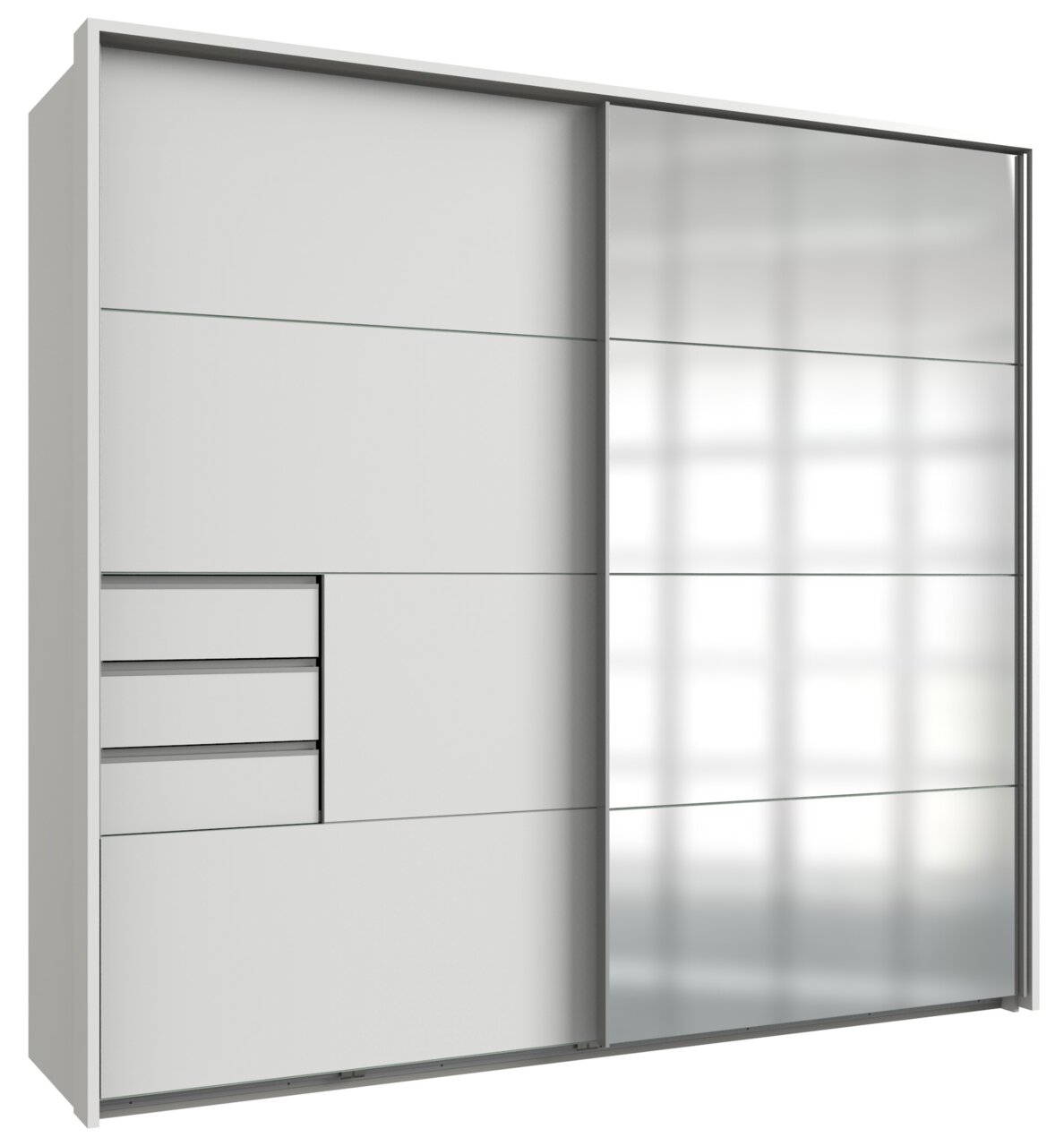 Moderner Schwebetürenschrank mit zwei Türen, linke Seite mit Schubladen und Fächern, rechte Seite mit Spiegeltür, Perspektive von vorne.
