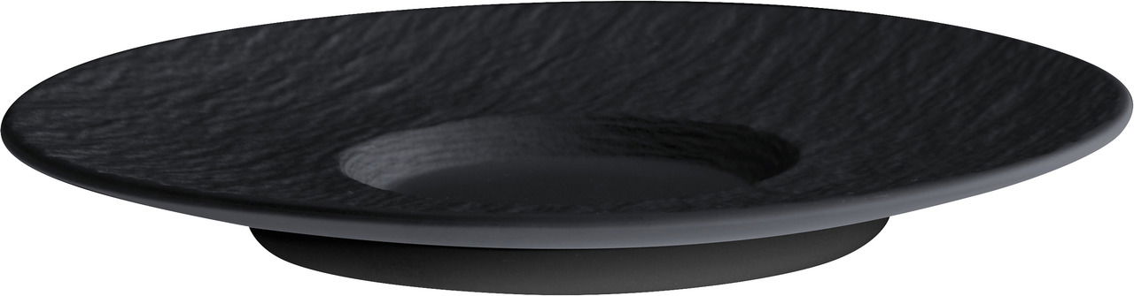 Schwarze Cappuccinountertasse aus der Seitenperspektive, mit glatter Oberfläche und leicht vertieftem Zentrum.