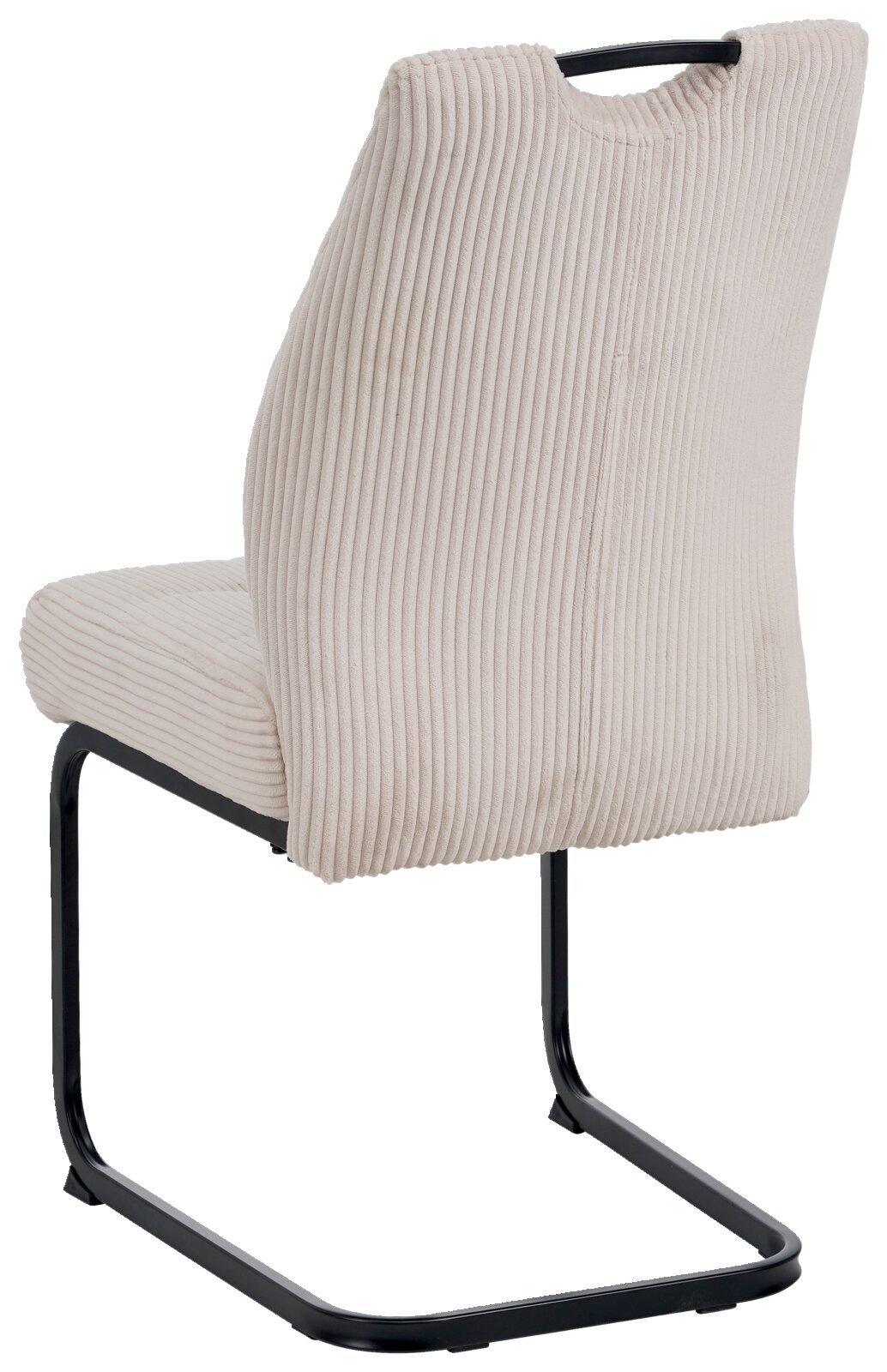 Achterkant van een schommelstoel met een beige, geribbelde stoffen bekleding en een zwart metalen frame.