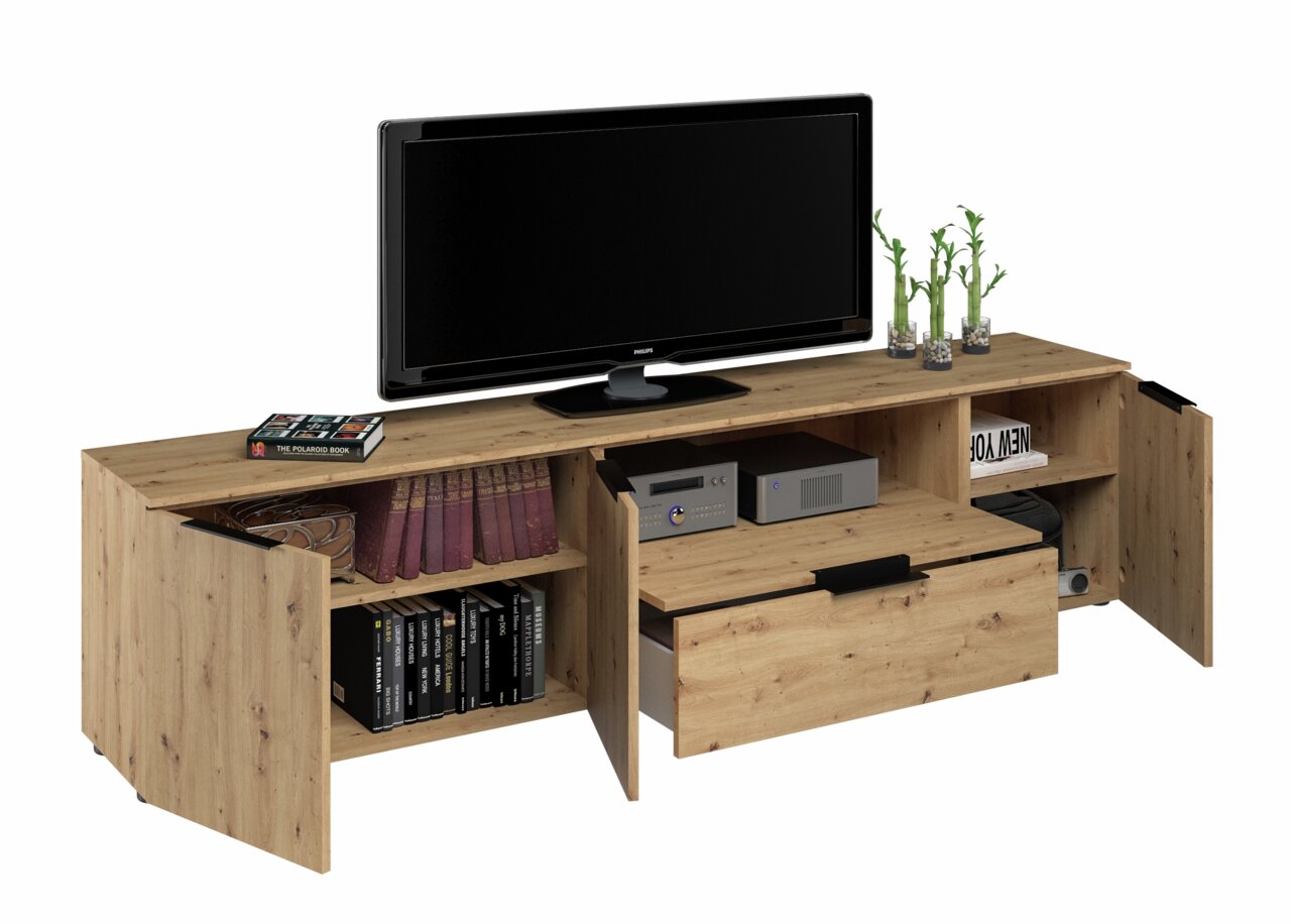 XL tv-lowboard van hout met open en gesloten vakken, met daarop een tv en decoraties, zijaanzicht