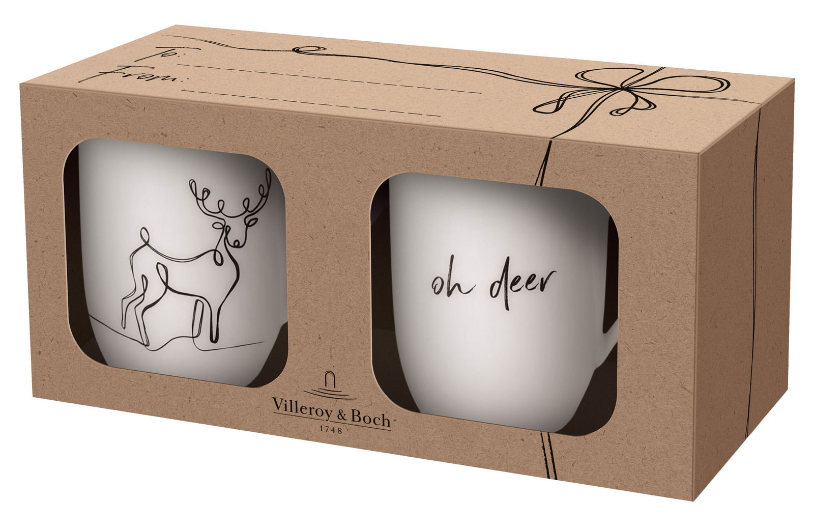 Zweiteiliges XMAS Set mit Rentier-Motiv und 'oh deer' Schriftzug, seitliche Perspektive auf die Geschenkverpackung.