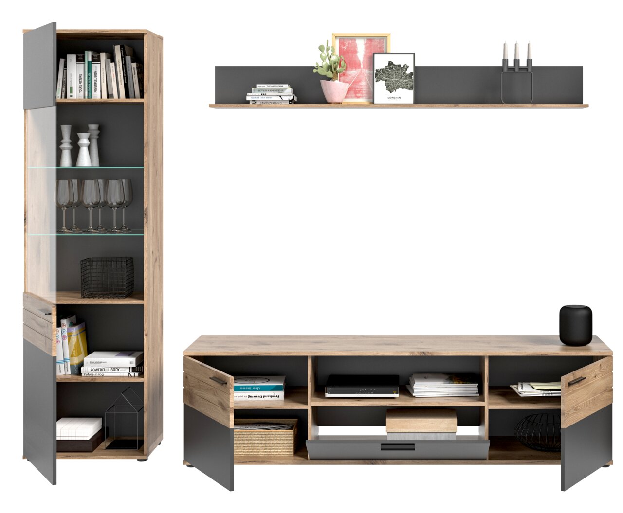 Wohnkombination bestehend aus einem hohen Schrank mit Glastüren und einem niedrigen TV-Schrank, beide in Holzoptik mit grauen Akzenten, aus der frontalen Perspektive betrachtet.