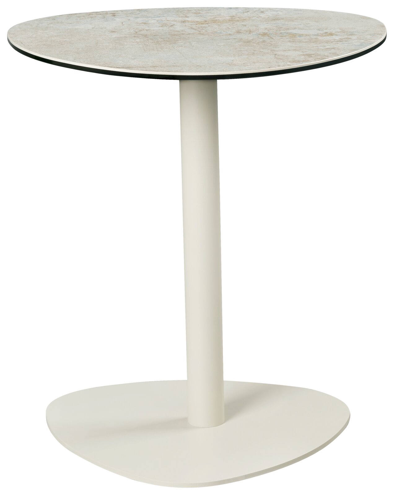 Moderner Beistelltisch mit runder Tischplatte und schlankem, weißem Standfuß, seitliche Perspektive