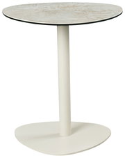 Moderner Beistelltisch mit runder Tischplatte und schlankem, weißem Standfuß, seitliche Perspektive