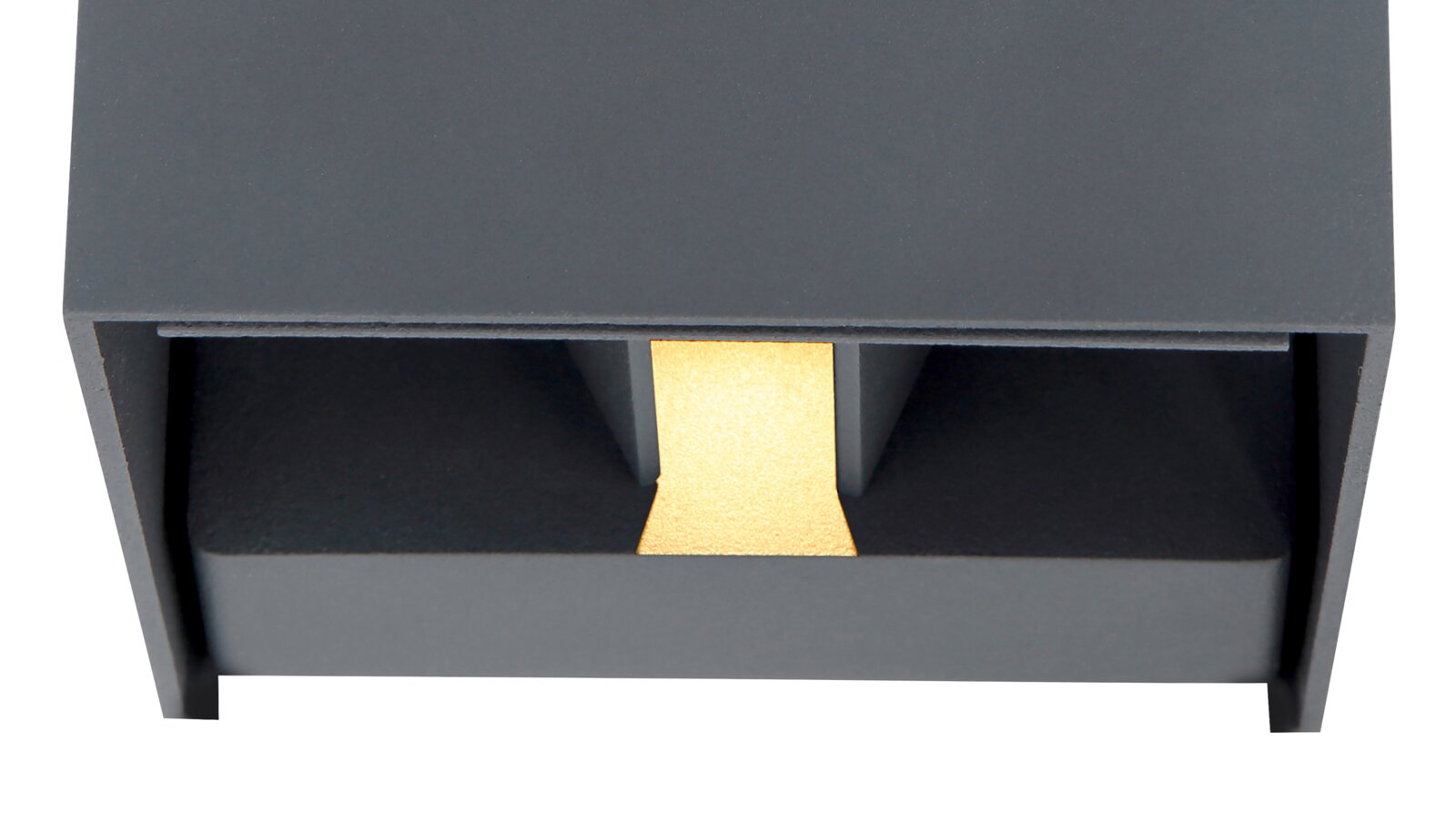 Moderne Außenleuchte in rechteckiger Form, Ansicht von vorne, mit einem goldenen Lichtelement in der Mitte.