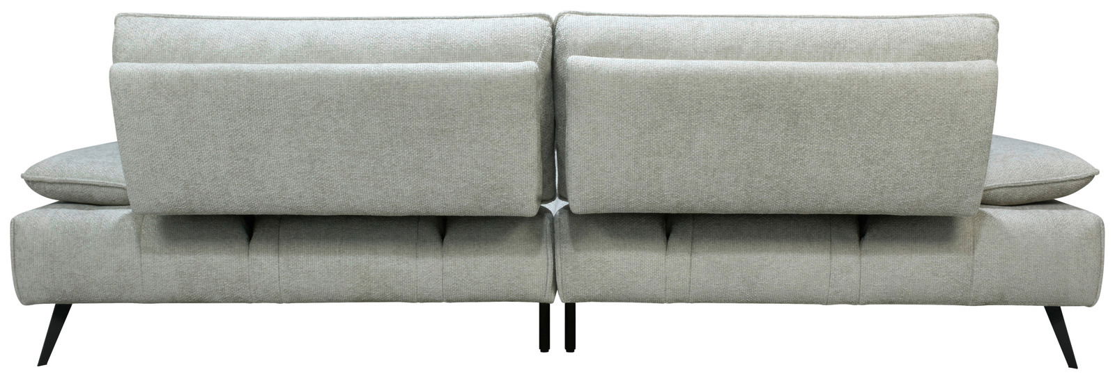Rückansicht der Longchairkombination TOKIO in hellgrauem Stoff mit schwarzen Metallfüßen.