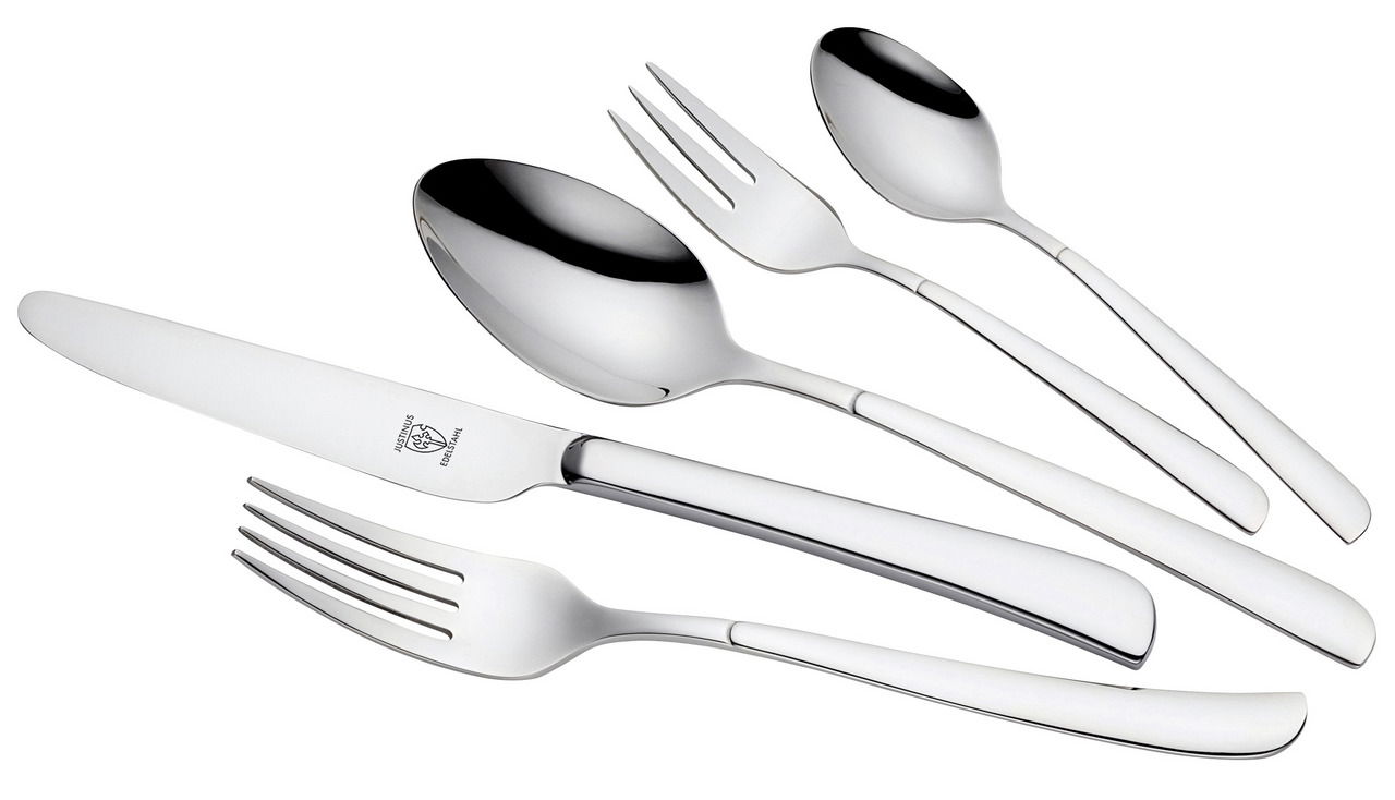 Set aus Edelstahlbesteck bestehend aus Messer, Gabel, Löffel, Kuchengabel und Teelöffel in seitlicher Perspektive.
