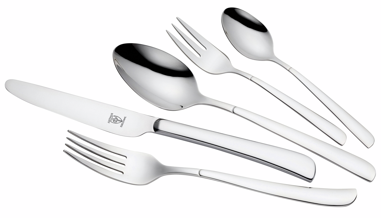 Set aus Edelstahlbesteck bestehend aus Messer, Gabel, Löffel, Kuchengabel und Teelöffel in seitlicher Perspektive.