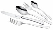 Set aus Edelstahlbesteck bestehend aus Messer, Gabel, Löffel, Kuchengabel und Teelöffel in seitlicher Perspektive.