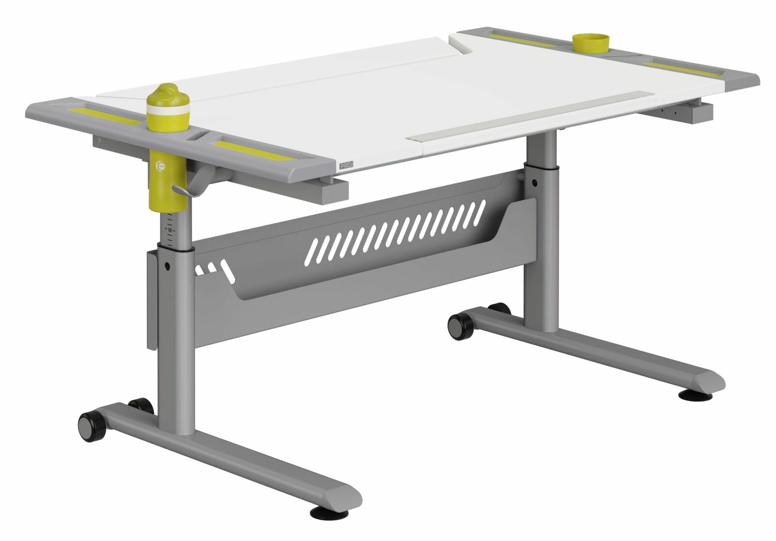 Moderner höhenverstellbarer Schreibtisch mit grauem Gestell und weißer Tischplatte, seitliche Ablagen und gelbe Akzente, seitliche Perspektive