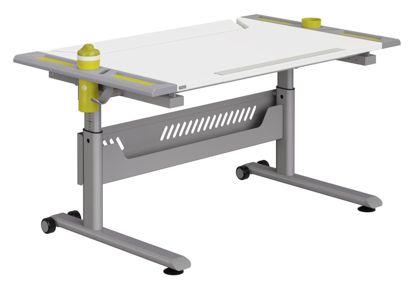 Moderner höhenverstellbarer Schreibtisch mit grauem Gestell und weißer Tischplatte, seitliche Ablagen und gelbe Akzente, seitliche Perspektive