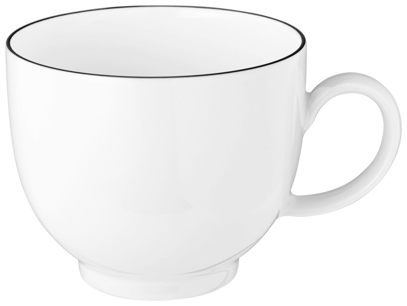 Weiße Tasse mit schwarzem Rand, seitliche Perspektive