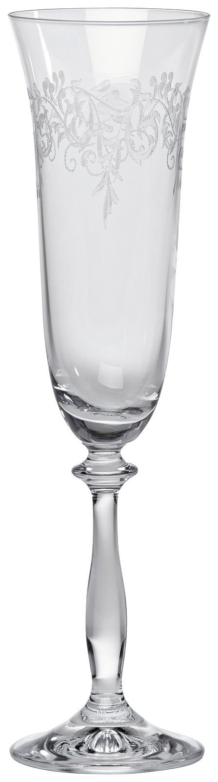 Eleganter Sektkelch 190ml mit feinem, floralen Muster am oberen Rand, seitliche Perspektive