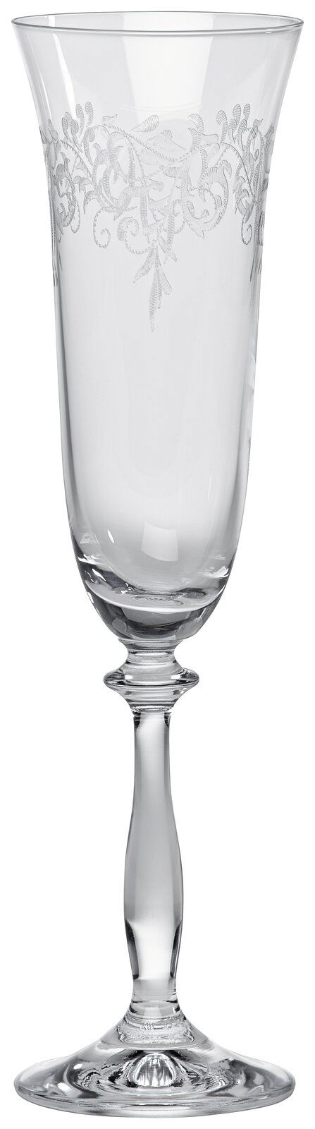 Eleganter Sektkelch 190ml mit feinem, floralen Muster am oberen Rand, seitliche Perspektive