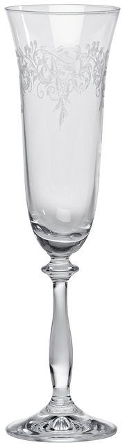 Eleganter Sektkelch 190ml mit feinem, floralen Muster am oberen Rand, seitliche Perspektive