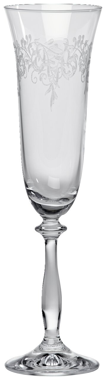 Eleganter Sektkelch 190ml mit feinem, floralen Muster am oberen Rand, seitliche Perspektive