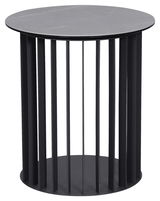 Moderner runder Beistelltisch aus schwarzem Metall mit vertikalen Streben, seitliche Perspektive