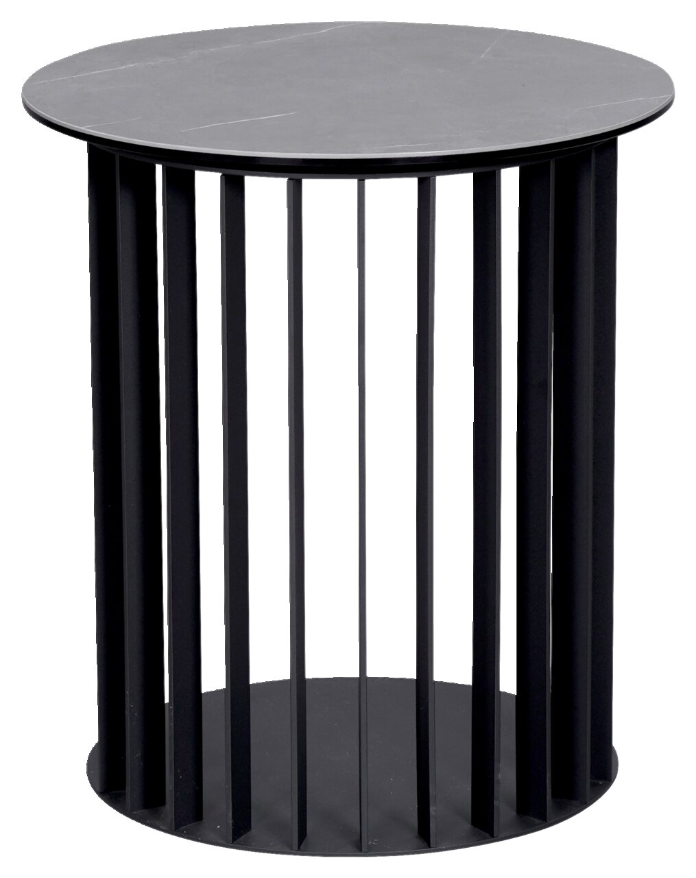 Moderner runder Beistelltisch aus schwarzem Metall mit vertikalen Streben, seitliche Perspektive
