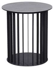 Moderner runder Beistelltisch aus schwarzem Metall mit vertikalen Streben, seitliche Perspektive