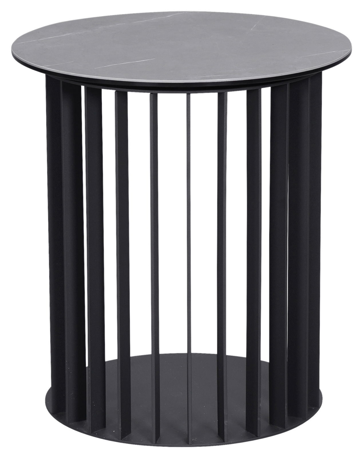 Moderner runder Beistelltisch aus schwarzem Metall mit vertikalen Streben, seitliche Perspektive