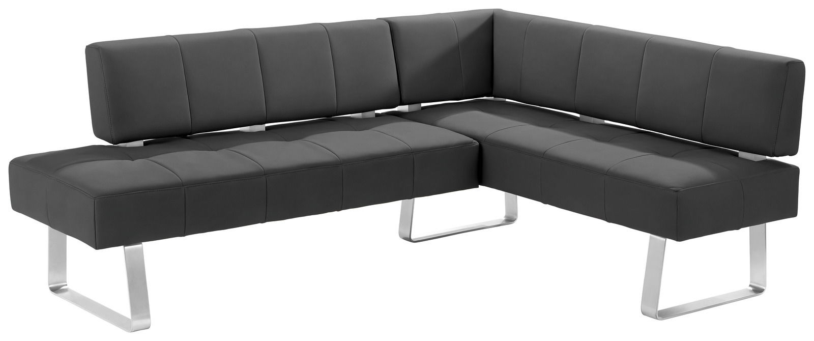 Moderne Eckbank in dunklem Leder mit Metallbeinen, seitliche Perspektive
