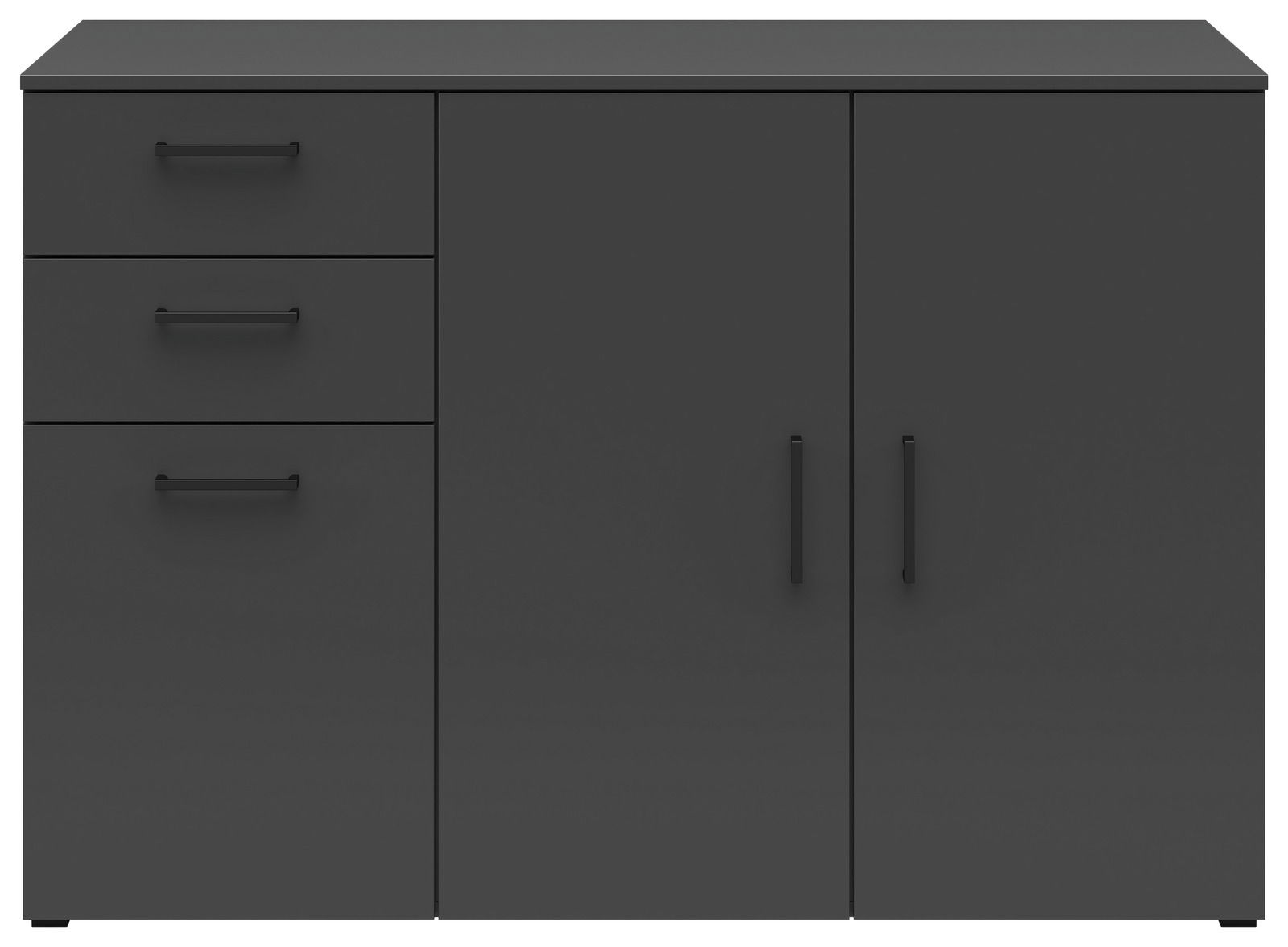 Schwarze Kommode mit drei Schubladen auf der linken Seite und zwei Türen auf der rechten Seite, frontal betrachtet.