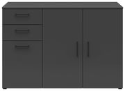 Schwarze Kommode mit drei Schubladen auf der linken Seite und zwei Türen auf der rechten Seite, frontal betrachtet.