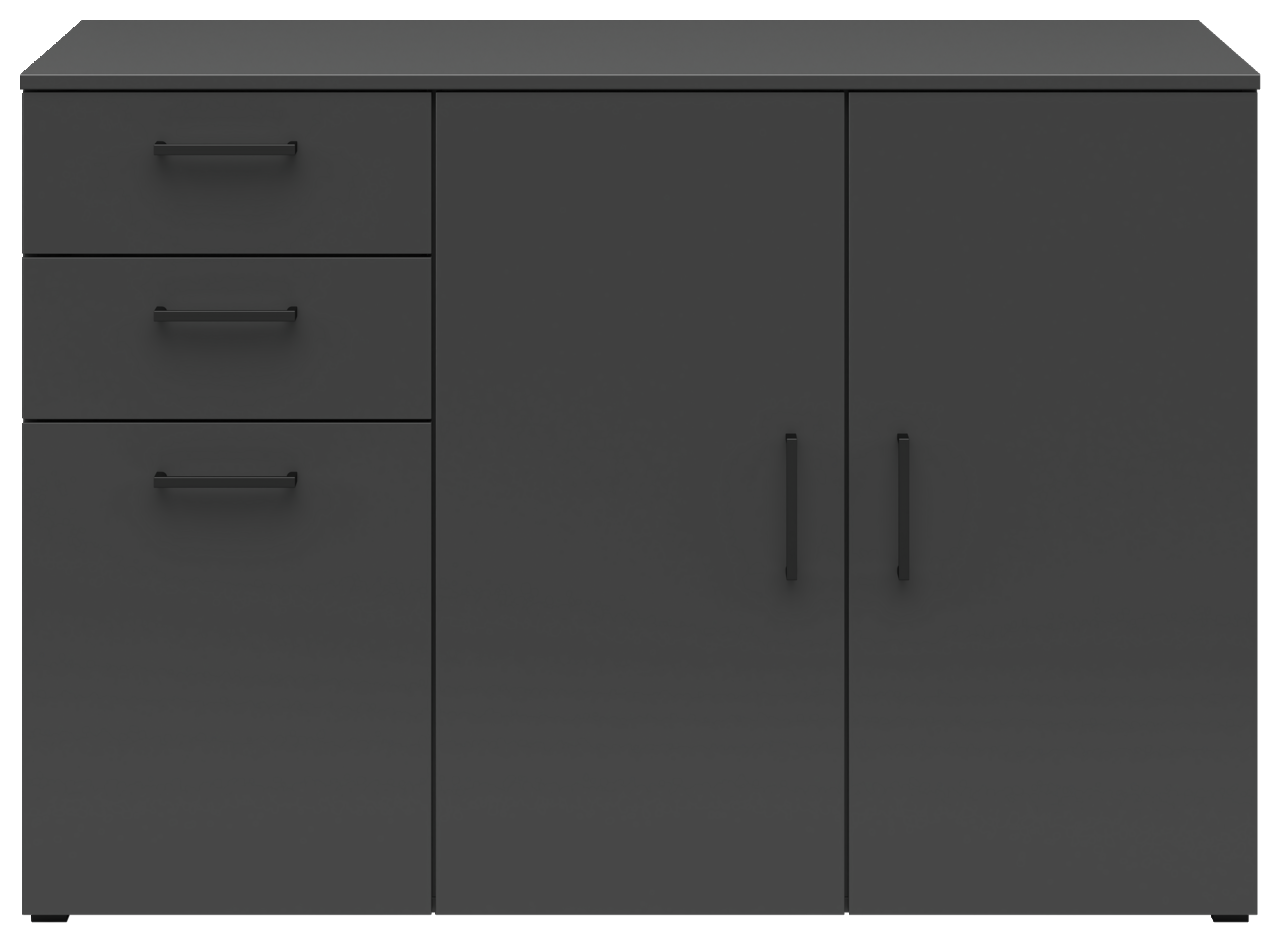 Schwarze Kommode mit drei Schubladen auf der linken Seite und zwei Türen auf der rechten Seite, frontal betrachtet.