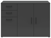 Schwarze Kommode mit drei Schubladen auf der linken Seite und zwei Türen auf der rechten Seite, frontal betrachtet.