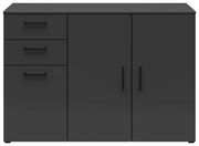 Schwarze Kommode mit drei Schubladen auf der linken Seite und zwei Türen auf der rechten Seite, frontal betrachtet.