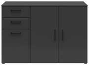 Schwarze Kommode mit drei Schubladen auf der linken Seite und zwei Türen auf der rechten Seite, frontal betrachtet.