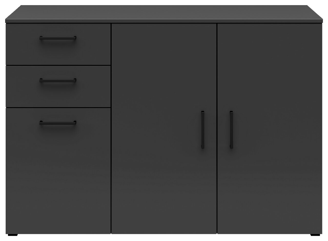 Schwarze Kommode mit drei Schubladen auf der linken Seite und zwei Türen auf der rechten Seite, frontal betrachtet.