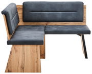 Eckbankgruppe aus Holz mit grauen Polstern, seitliche Perspektive