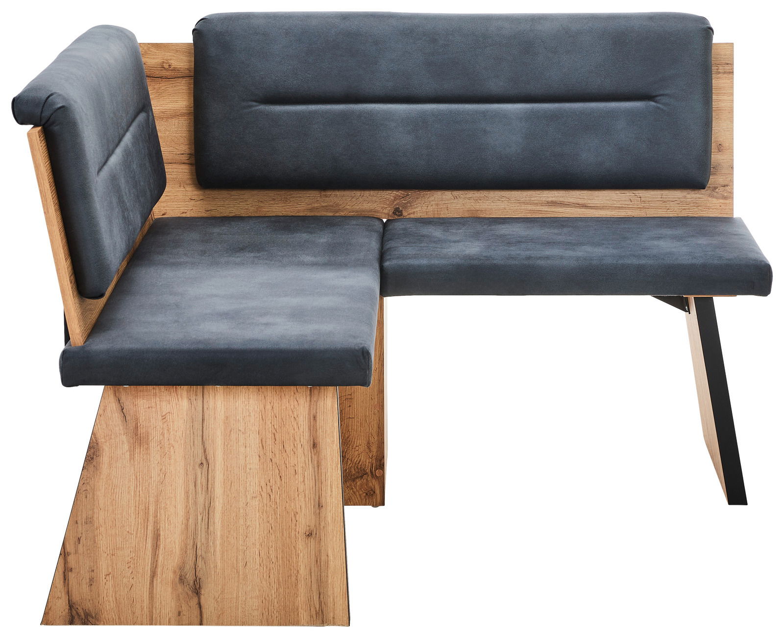 Eckbankgruppe aus Holz mit grauen Polstern, seitliche Perspektive