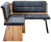 Houten hoekbank met grijze bekleding, zijaanzicht