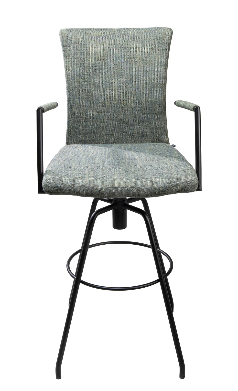 Moderner Barhocker mit grünem Stoffbezug und schwarzem Metallgestell, Frontalansicht