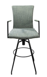 Moderner Barhocker mit grünem Stoffbezug und schwarzem Metallgestell, Frontalansicht